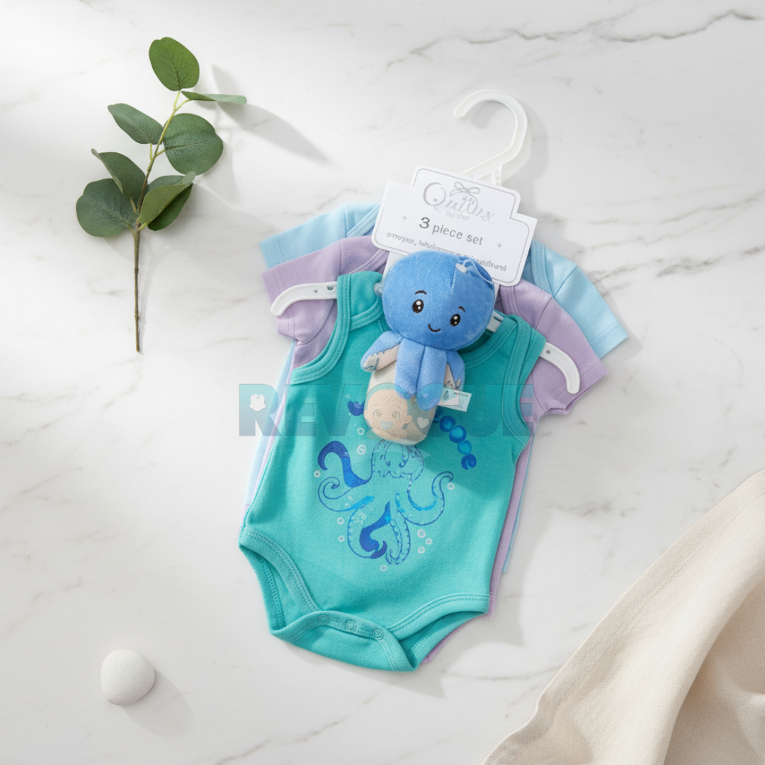 3 Pcs Bodysuit Set with Soft Toy