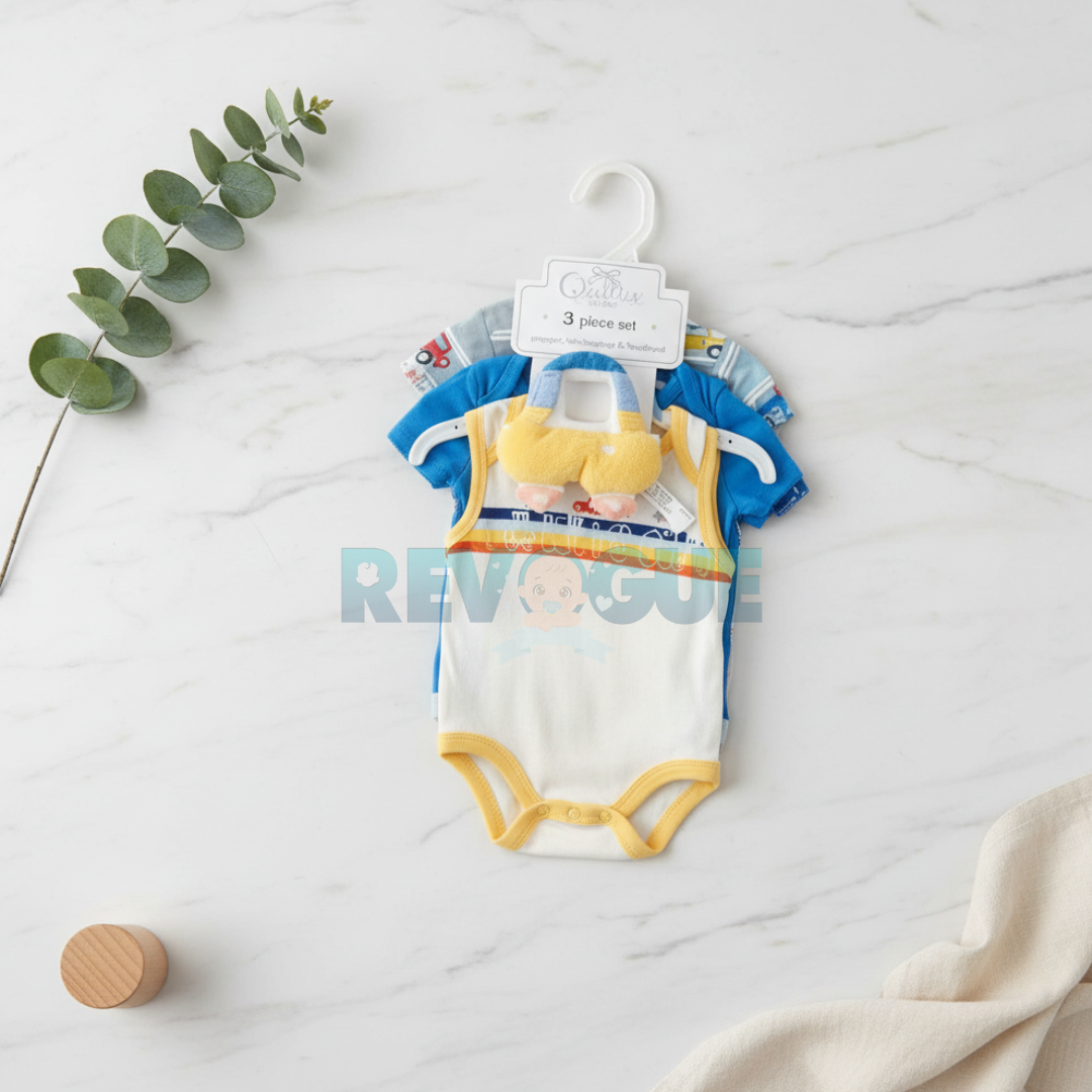 3 Pcs Bodysuit Set with Soft Toy
