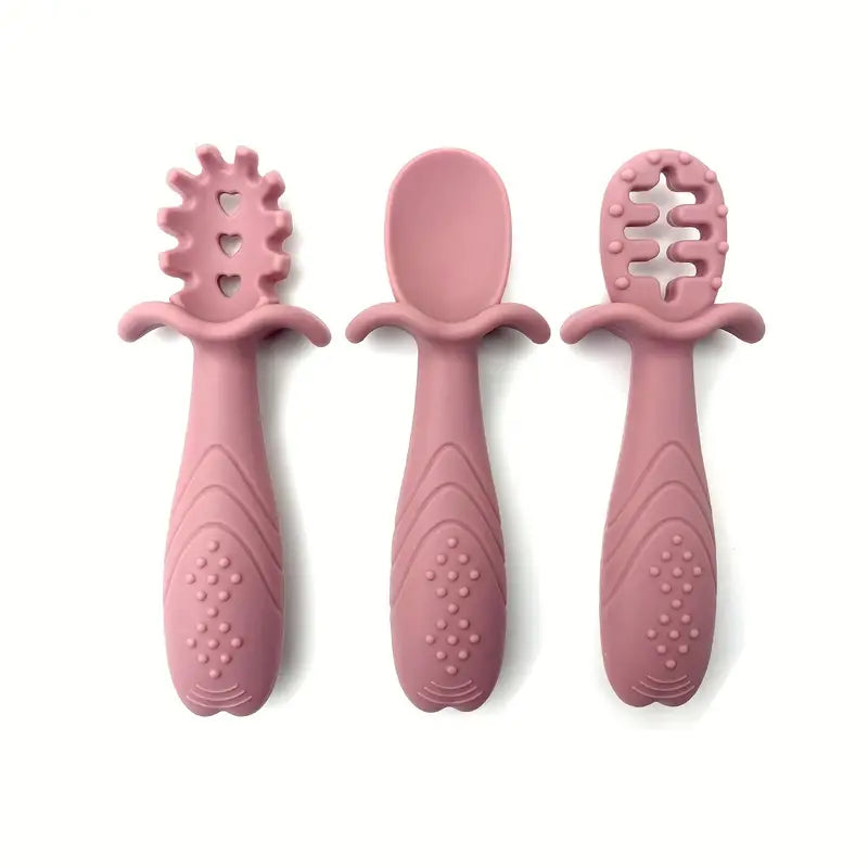 3 Pcs Silicone Pre Spoon & Fork Set | Feeding Utensils, Three Styles, Food Spoon, Chewable Silicone Spoon, Self-feeding Set, Training Spoon, Soft Head Silicone Spoon, 100% Food Grade Silicone - Cutlery