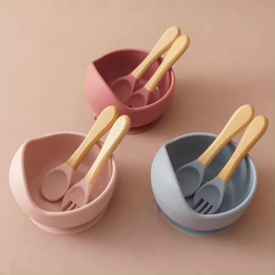 Silicone Set - Suction Bowl with Wooden Spoon & Fork - Cutlery