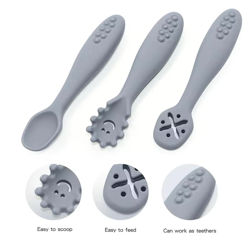 3 Pcs Silicone Pre Spoon & Fork Set | Feeding Utensils, Three Styles, Food Spoon, Chewable Silicone Spoon, Self-feeding Set, Training Spoon, Soft Head Silicone Spoon, 100% Food Grade Silicone - Cutlery