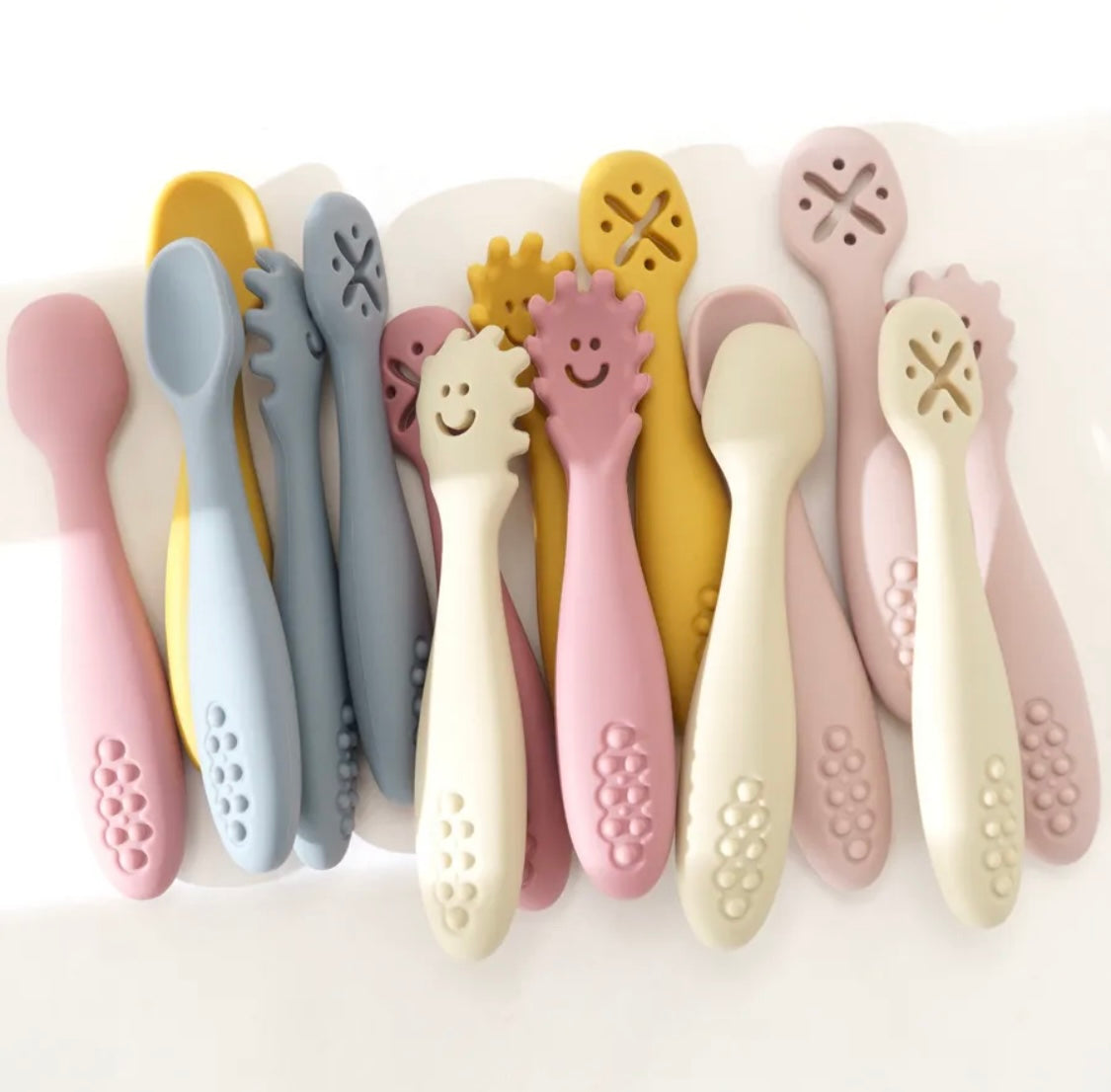 3 Pcs Silicone Pre Spoon & Fork Set | Feeding Utensils, Three Styles, Food Spoon, Chewable Silicone Spoon, Self-feeding Set, Training Spoon, Soft Head Silicone Spoon, 100% Food Grade Silicone - Cutlery