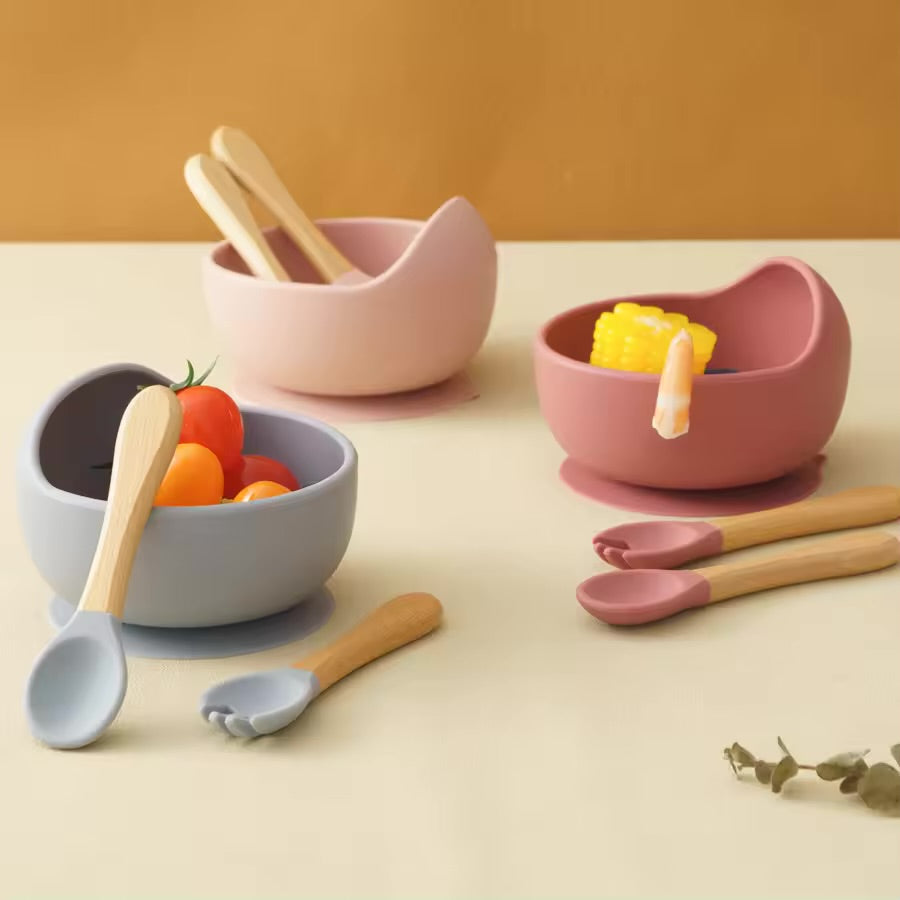 Silicone Set - Suction Bowl with Wooden Spoon & Fork - Cutlery