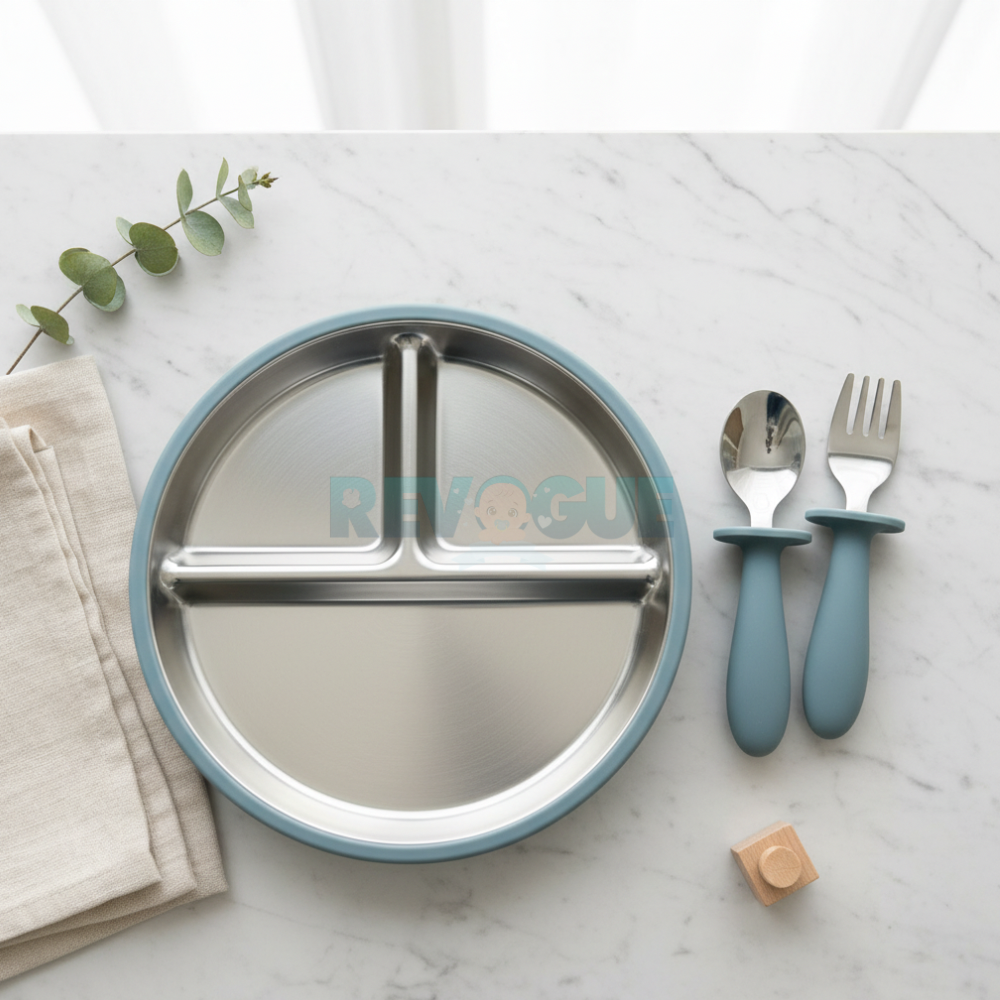 Stainless Steel Suction Plate with Spoon & Fork - Blue