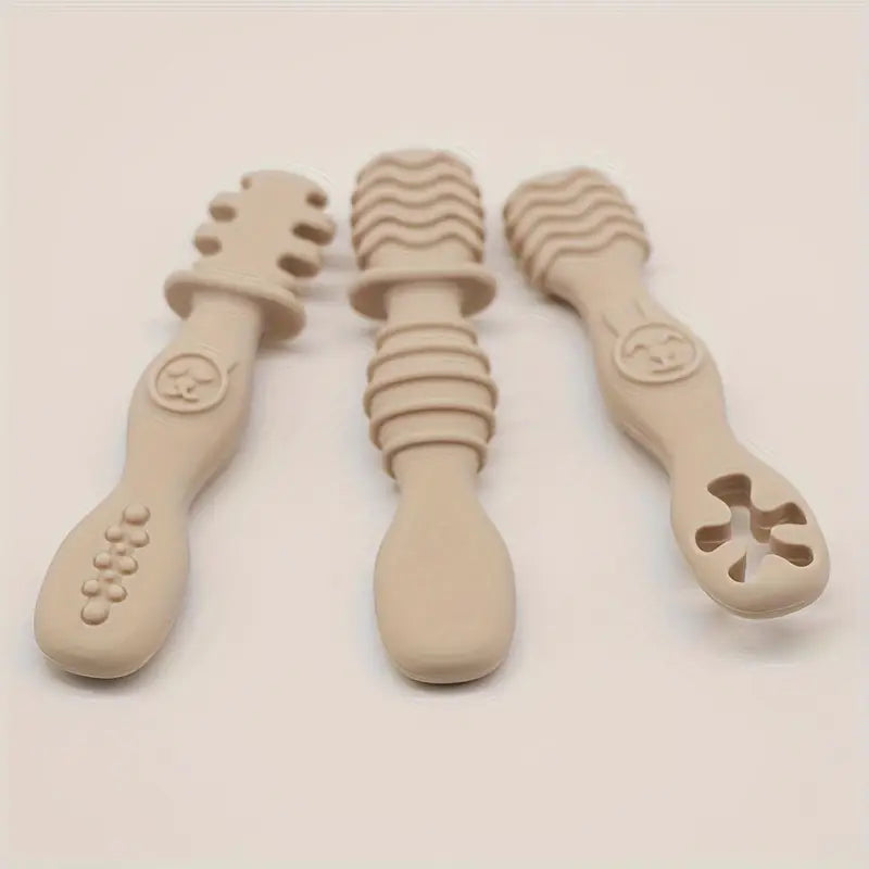 Silicone Pre Spoon & Fork Set | 3pcs Feeding Utensils, Three Styles, Food Spoon, Chewable Silicone Spoon, Self-feeding Set, Training Spoon, Soft Head Silicone Spoon, 100% Food Grade Silicone, - Cutlery