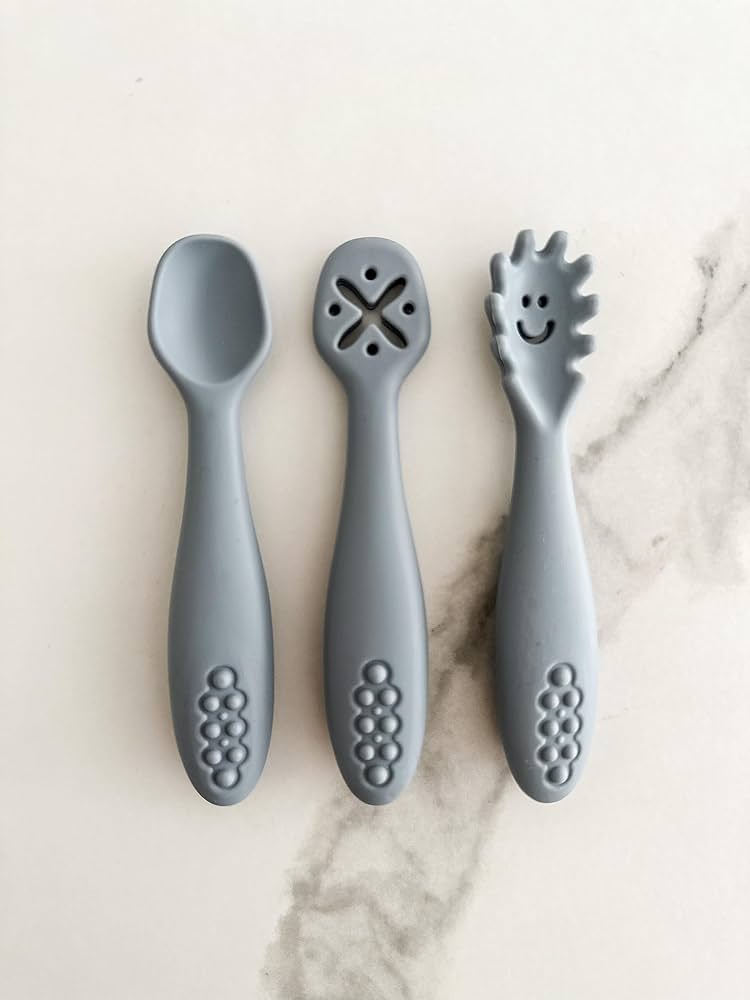 3 Pcs Silicone Pre Spoon & Fork Set | Feeding Utensils, Three Styles, Food Spoon, Chewable Silicone Spoon, Self-feeding Set, Training Spoon, Soft Head Silicone Spoon, 100% Food Grade Silicone - Cutlery