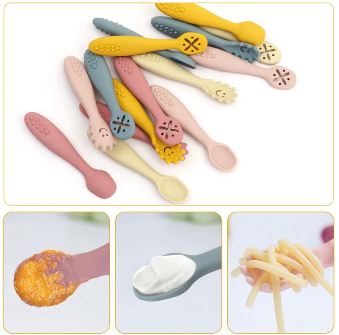3 Pcs Silicone Pre Spoon & Fork Set | Feeding Utensils, Three Styles, Food Spoon, Chewable Silicone Spoon, Self-feeding Set, Training Spoon, Soft Head Silicone Spoon, 100% Food Grade Silicone - Cutlery