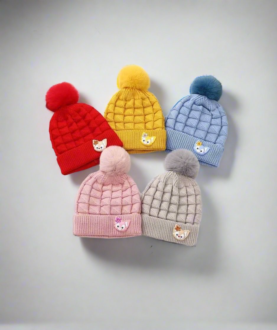 Baby pom pom woolen cap - cat blocks