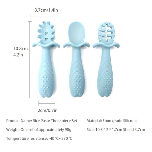 3 Pcs Silicone Pre Spoon & Fork Set | Feeding Utensils, Chewable Silicone Spoon, Self-feeding Set, Training Spoon, 100% Food Grade Silicone, BPA-free