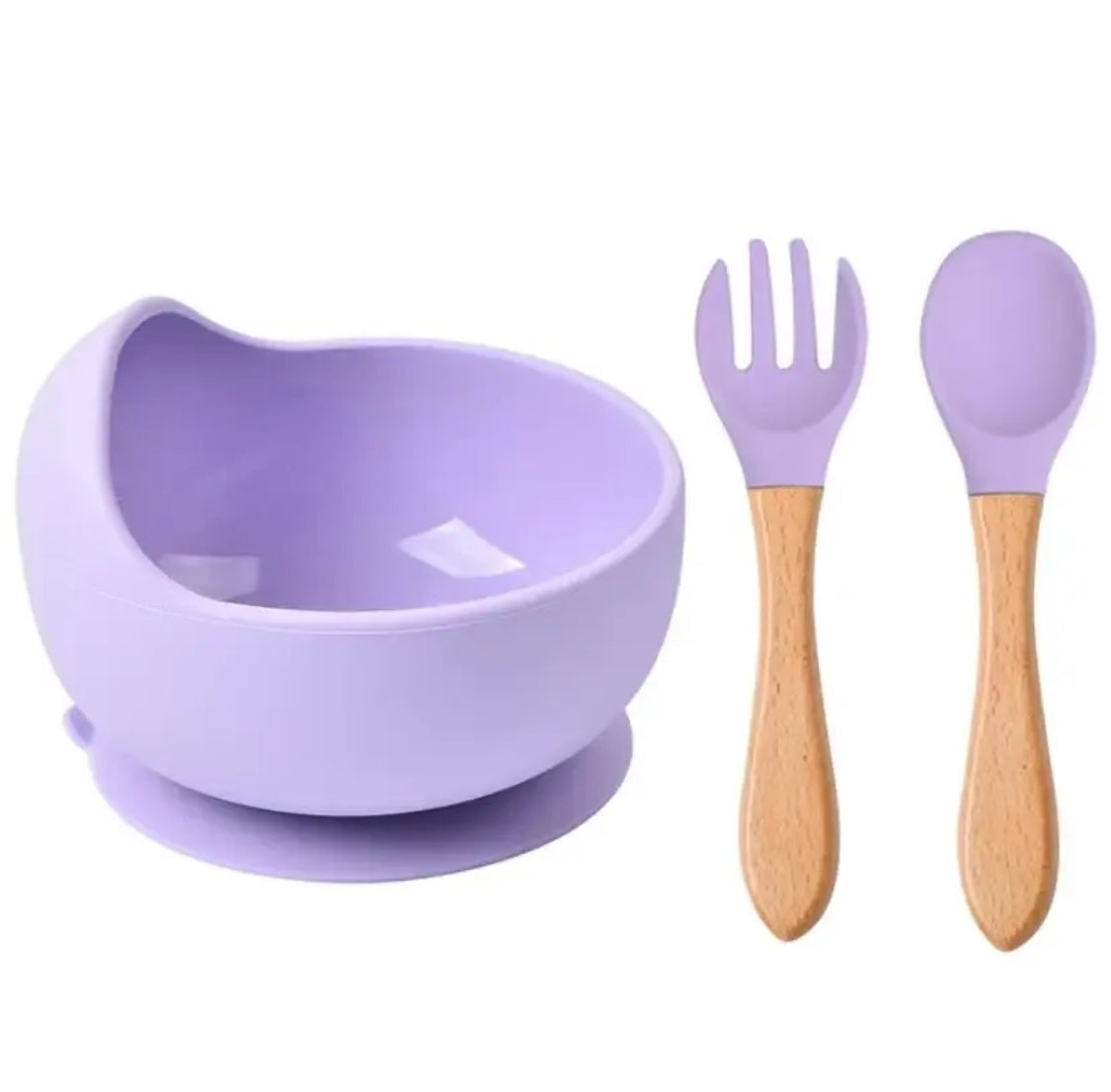 Silicone Set - Suction Bowl with Wooden Spoon & Fork - Cutlery