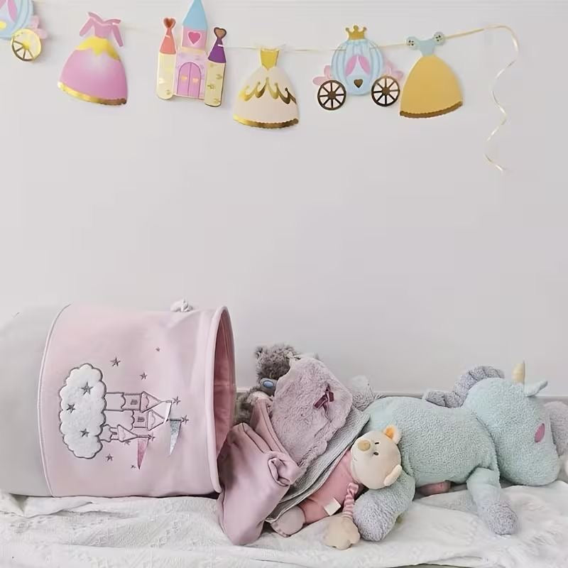 Foldable Girls Multi-Purpose Storage Basket with Rope Handles - For Toys, Laundry & Nursery Essentials - Princess & Castle Print
