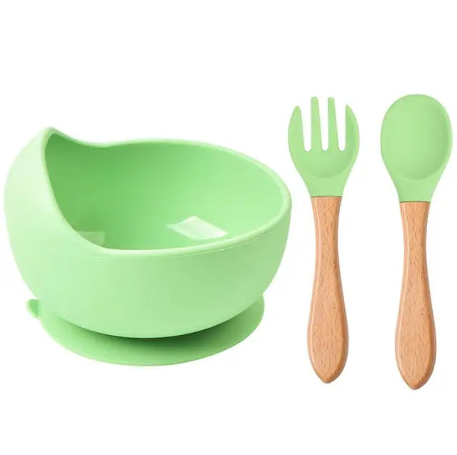 Silicone Set - Suction Bowl with Wooden Spoon & Fork - Cutlery