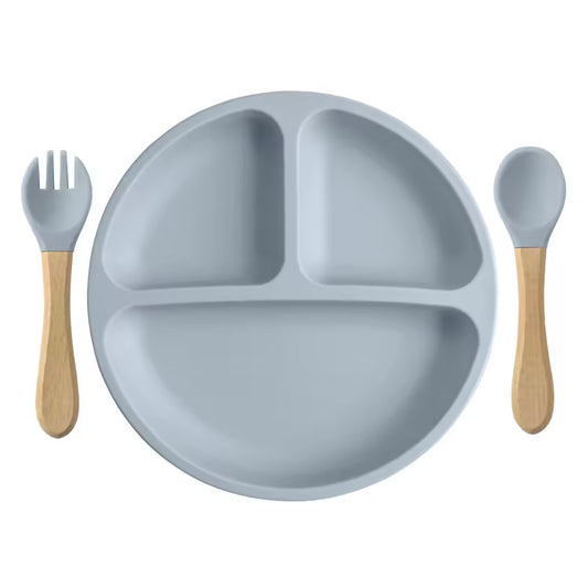 Silicone Suction  Plate with Spoon & Fork - 3 Pcs Plate Set - Cutlery