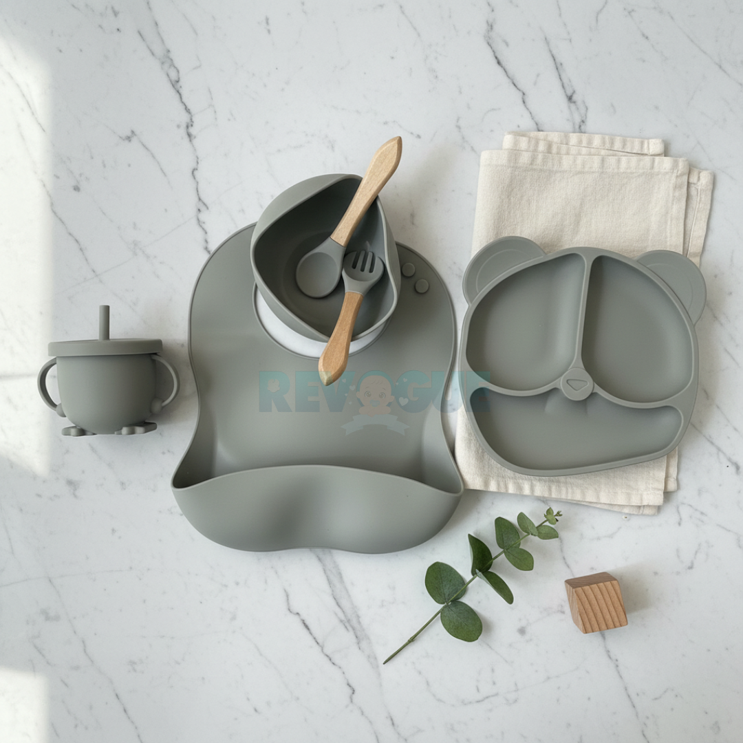 Silicone Baby Feeding Set BPA Free - 6 Pcs Grey