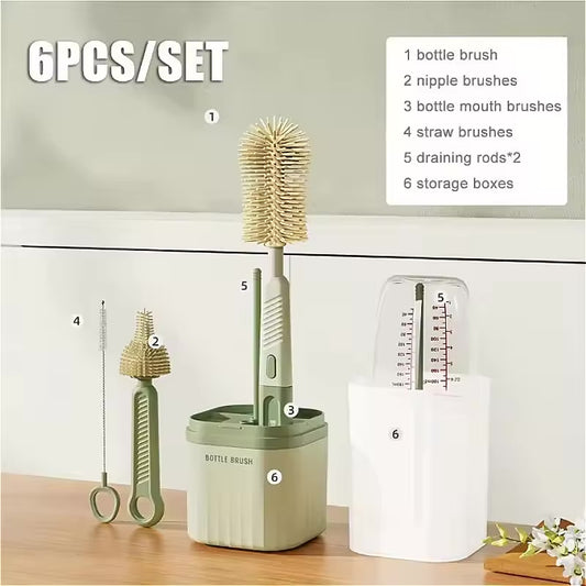 Silicone Baby Bottle Cup Brush Set with Storage Box Newborn Gift Milk Bottle Cleaning Brushes Suit Portable Detachable Cleaning 6 in 1 - Cutlery