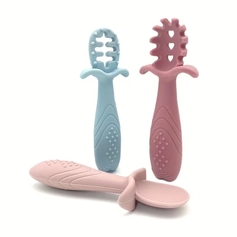 3 Pcs Silicone Pre Spoon & Fork Set | Feeding Utensils, Chewable Silicone Spoon, Self-feeding Set, Training Spoon, 100% Food Grade Silicone, BPA-free - Cutlery