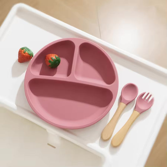 Silicone Suction  Plate with Spoon & Fork - 3 Pcs Plate Set - Cutlery