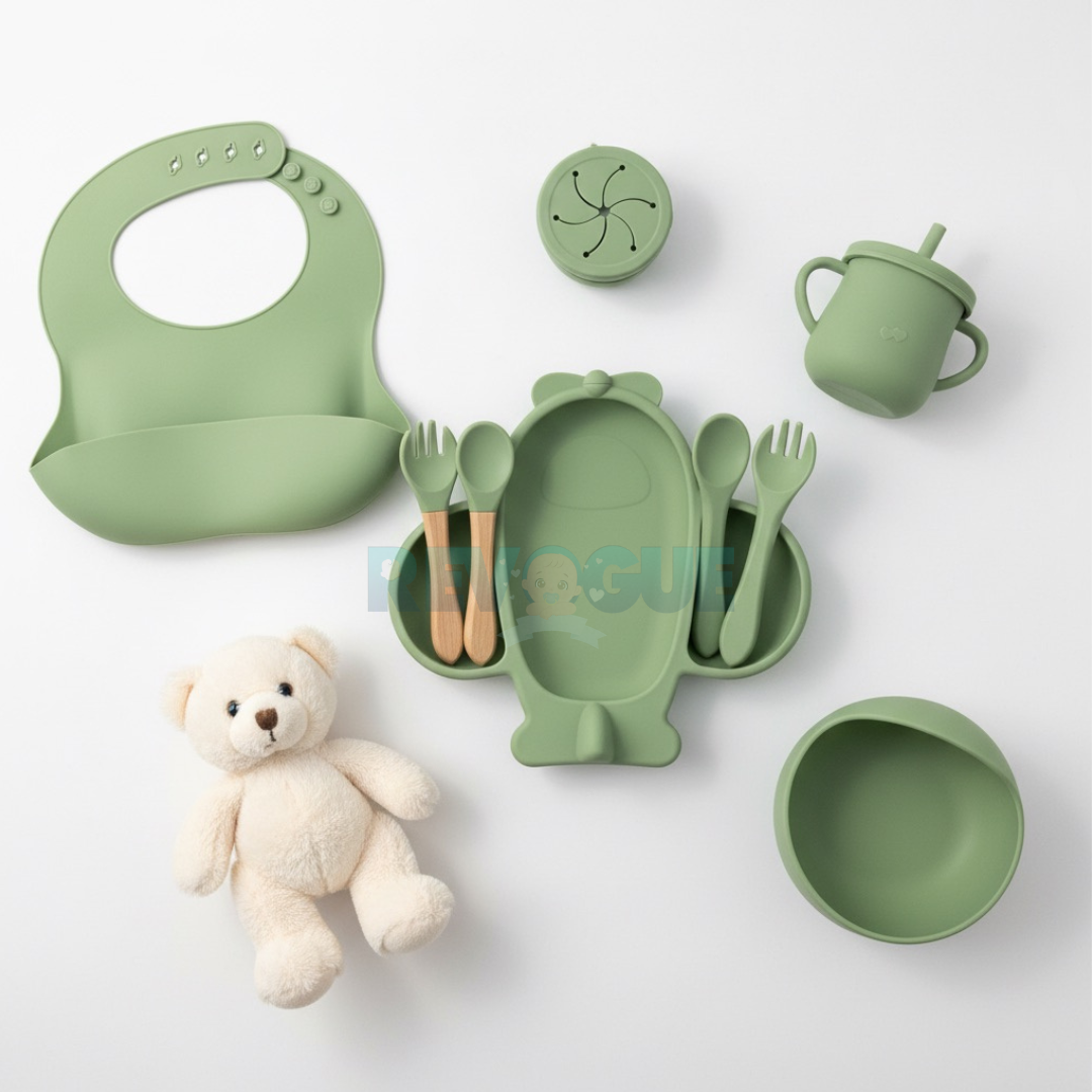 Silicone Baby Feeding Set BPA Free - 8 Pcs Airplane Shape Plate - Cutlery