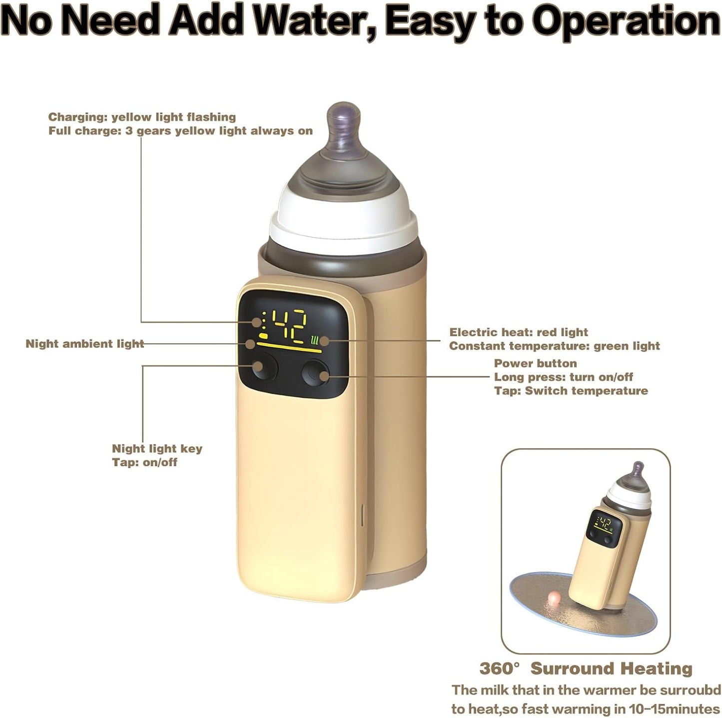 Baby bottle warmer with digital display and text highlighting features on a white background