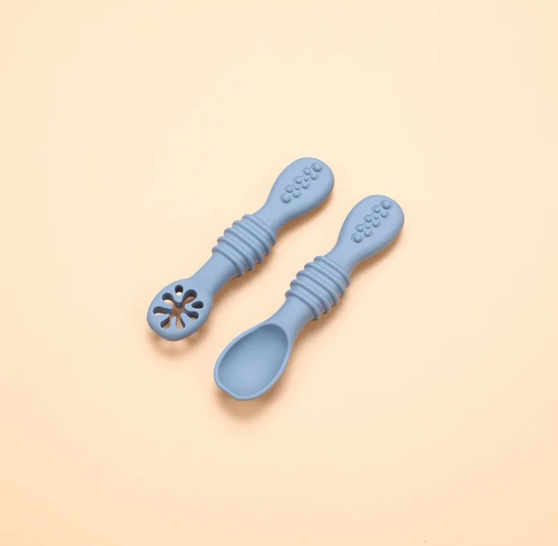 2 Pcs Silicone Pre Spoon & Fork Set |  Feeding Utensils, Food Spoon Self-feeding Set, Training Spoon, Soft Head Silicone Spoon, 100% Food Grade Silicone, BPA-free - Cutlery