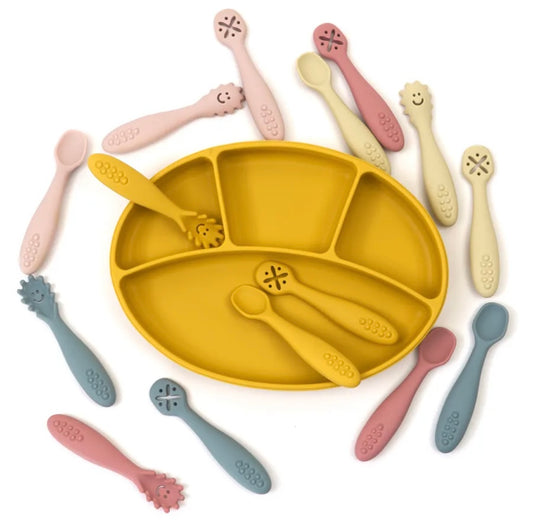 3 Pcs Silicone Pre Spoon & Fork Set | Feeding Utensils, Three Styles, Food Spoon, Chewable Silicone Spoon, Self-feeding Set, Training Spoon, Soft Head Silicone Spoon, 100% Food Grade Silicone - Cutlery