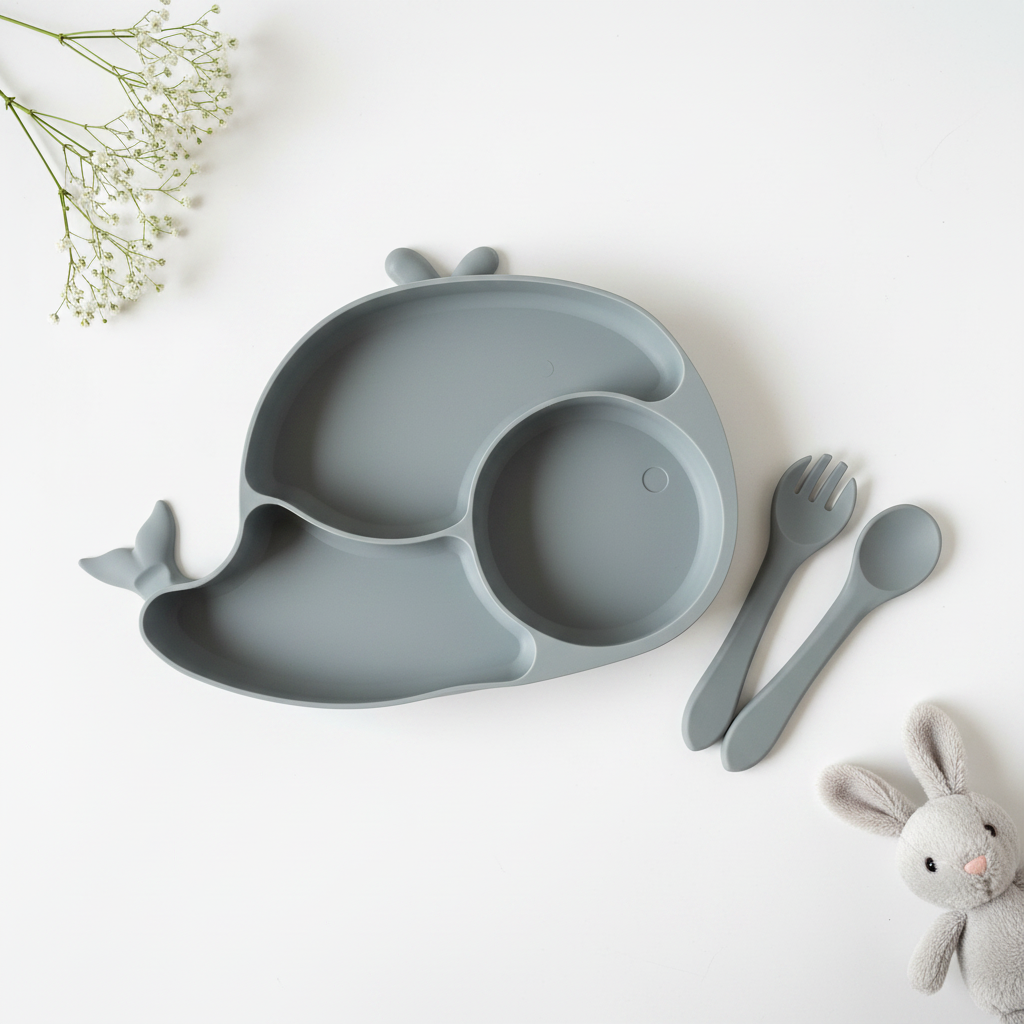 Silicone Baby Feeding Set BPA Free - 3 Pcs Fish Shape Plate with Spoon & Fork - Grey