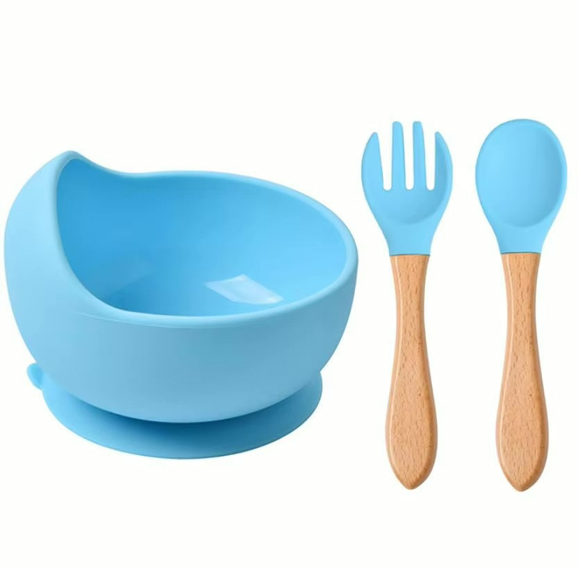 Silicone Set - Suction Bowl with Wooden Spoon & Fork - Cutlery