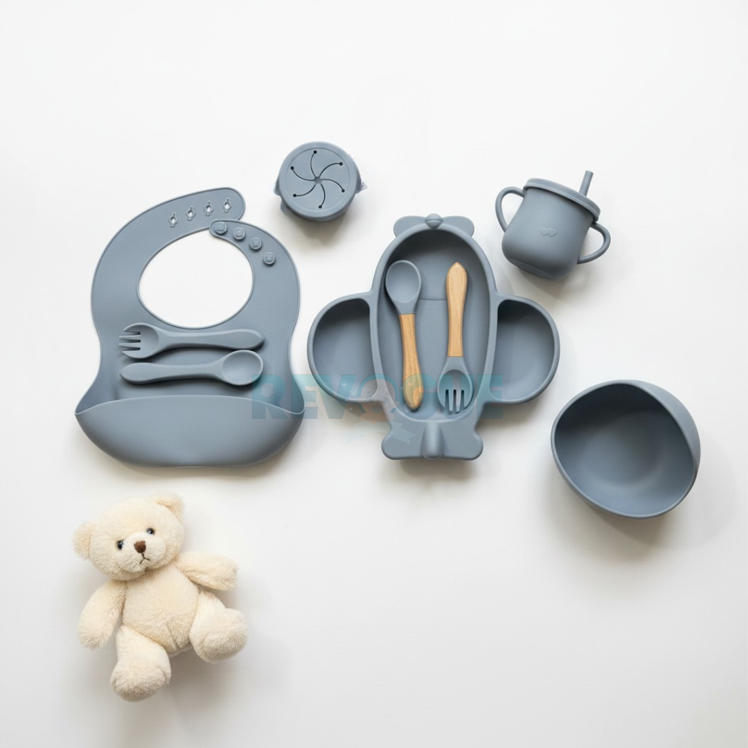 Silicone Baby Feeding Set BPA Free - 8 Pcs Airplane Shape Plate