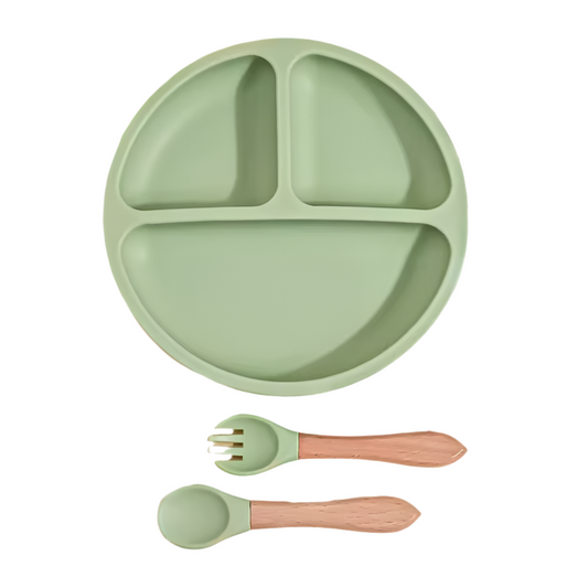 Silicone Suction  Plate with Spoon & Fork - 3 Pcs Plate Set - Cutlery