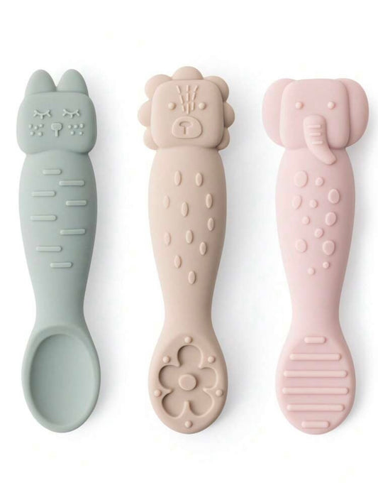 3pcs Baby Silicone Feeding Spoon Set, Infant Self-Feeding Stage 1 Spoons, Silicone Pre Spoon Toddler Tableware - Cutlery
