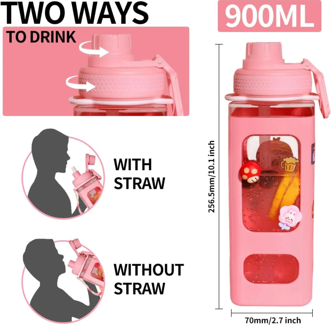 900ml Korean Square Water Bottle Large Capacity Bottle Student Portable Bottle With Straw Plastic Water Bottle BPA Free