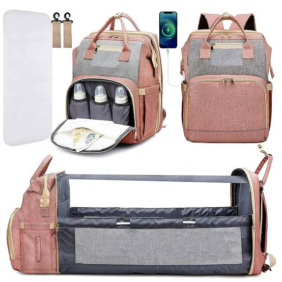 Bed and Bag - Pink & Grey - Diaper & Mother Bags