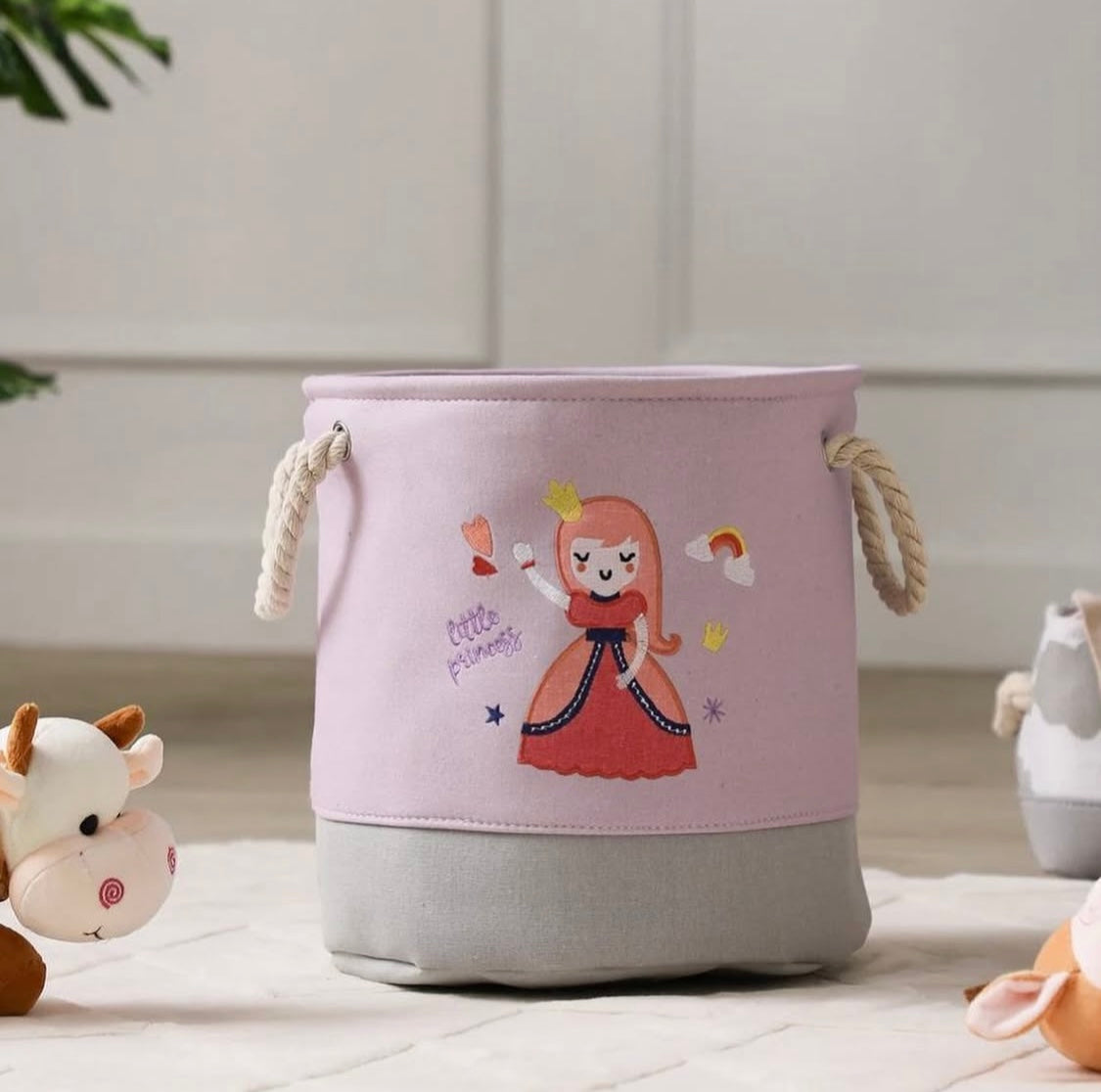 Foldable Girls Multi-Purpose Storage Basket with Rope Handles - For Toys, Laundry & Nursery Essentials - Princess & Castle Print