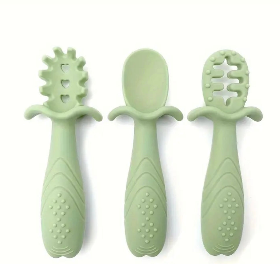 3 Pcs Silicone Pre Spoon & Fork Set | Feeding Utensils, Chewable Silicone Spoon, Self-feeding Set, Training Spoon, 100% Food Grade Silicone, BPA-free
