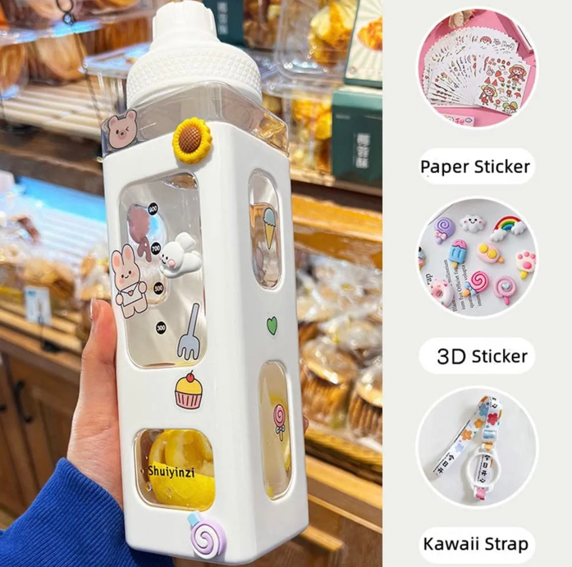 900ml Korean Square Water Bottle Large Capacity Bottle Student Portable Bottle With Straw Plastic Water Bottle BPA Free