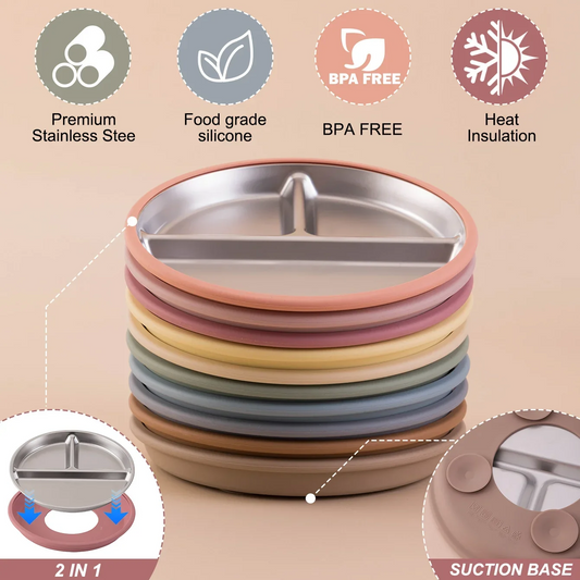 Stainless Steel Divided Plate with Detachable Silicone Suction Base