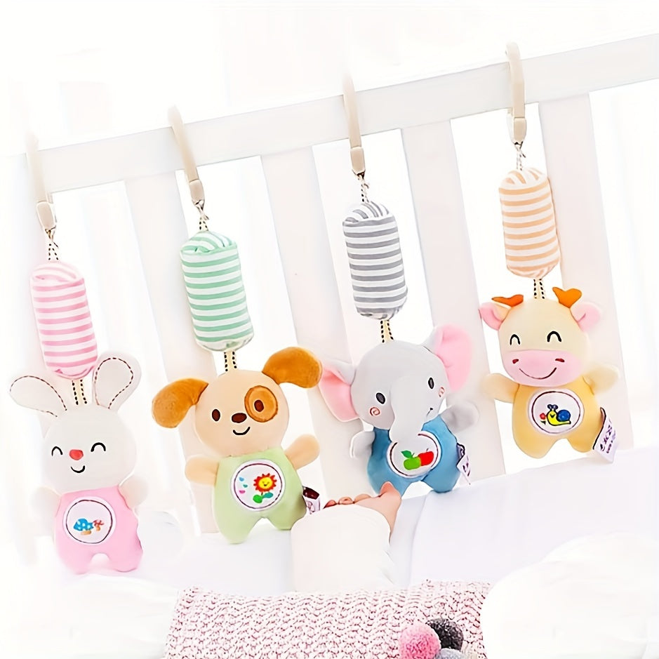 Set of colorful animal-themed baby toys hanging on a crib bar.