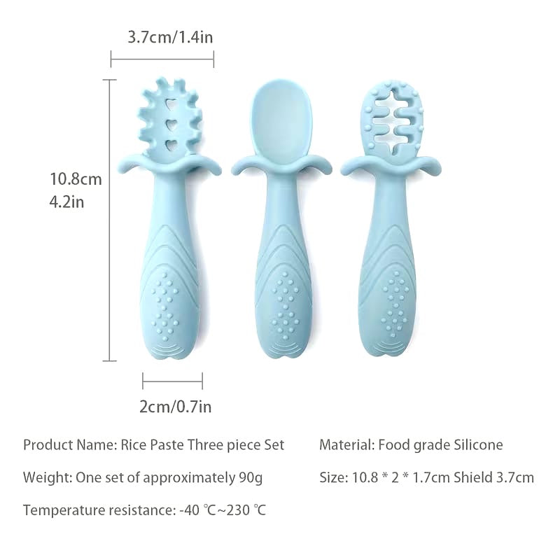 3 Pcs Silicone Pre Spoon & Fork Set | Feeding Utensils, Chewable Silicone Spoon, Self-feeding Set, Training Spoon, 100% Food Grade Silicone, BPA-free - Cutlery