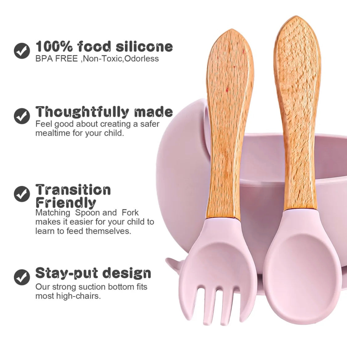 Silicone Set - Suction Bowl with Wooden Spoon & Fork - Cutlery