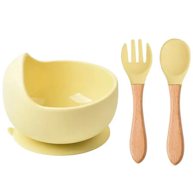 Silicone Set - Suction Bowl with Wooden Spoon & Fork - Cutlery