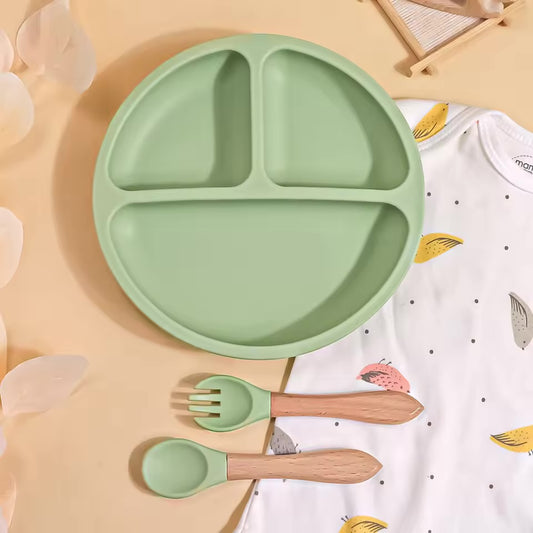 Silicone Suction  Plate with Spoon & Fork - 3 Pcs Plate Set - Cutlery
