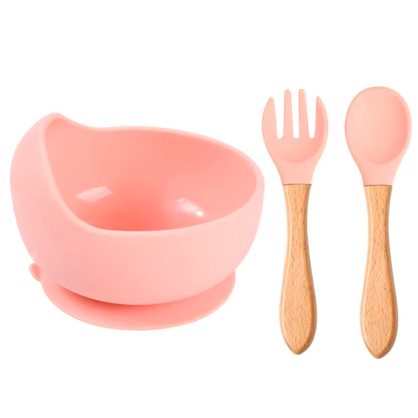 Silicone Set - Suction Bowl with Wooden Spoon & Fork - Cutlery