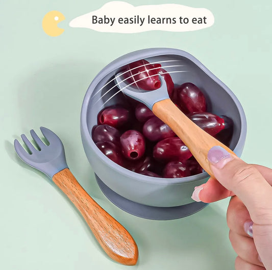 Silicone Set - Suction Bowl with Wooden Spoon & Fork - Cutlery