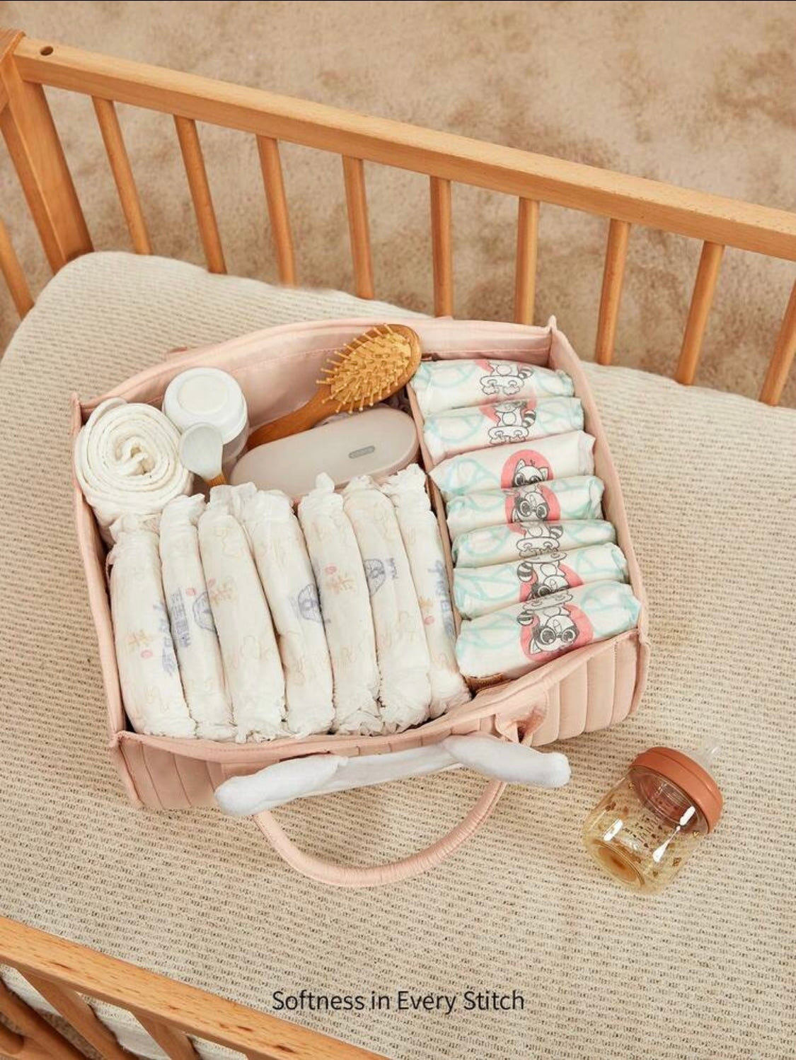 Essential Baby Supplies, Pink Bunny Ear Design Baby Storage Caddy Basket, Suitable For Diaper Storage, Baby Gift Basket, Baby Laundry Basket