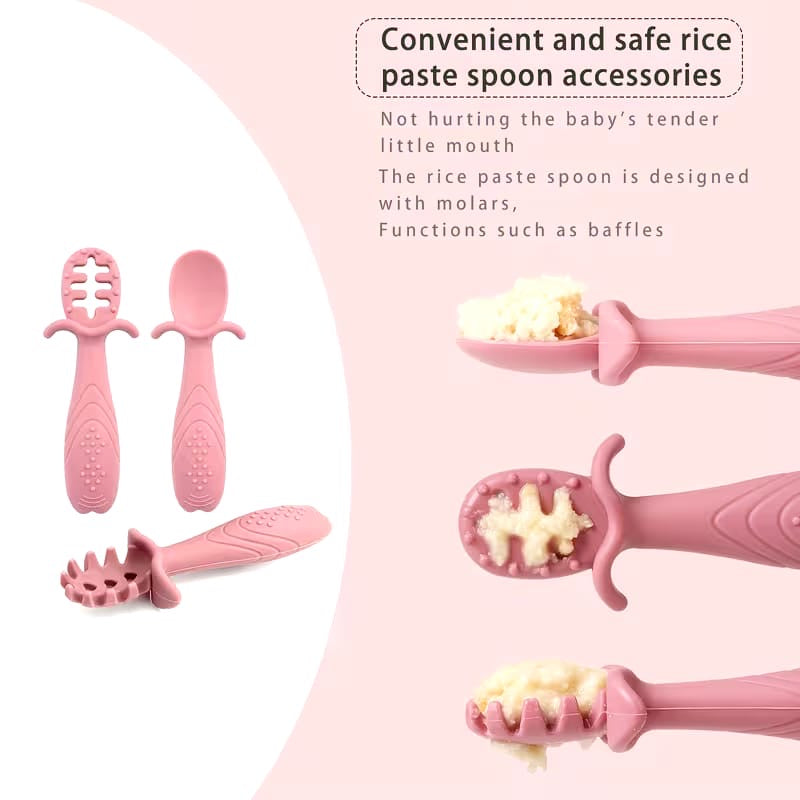 3 Pcs Silicone Pre Spoon & Fork Set | Feeding Utensils, Chewable Silicone Spoon, Self-feeding Set, Training Spoon, 100% Food Grade Silicone, BPA-free - Cutlery
