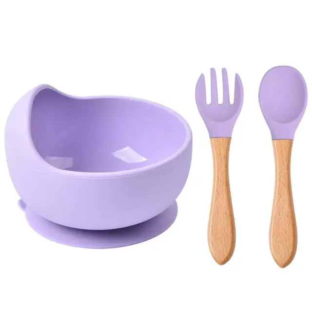 Silicone Set - Suction Bowl with Wooden Spoon & Fork - Cutlery