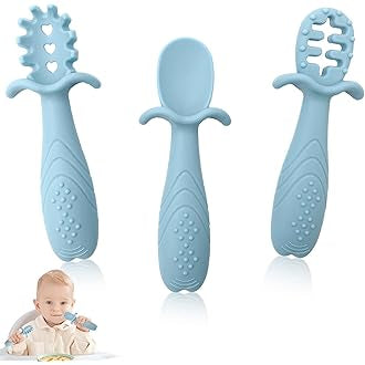 3 Pcs Silicone Pre Spoon & Fork Set | Feeding Utensils, Three Styles, Food Spoon, Chewable Silicone Spoon, Self-feeding Set, Training Spoon, Soft Head Silicone Spoon, 100% Food Grade Silicone, BPA-free