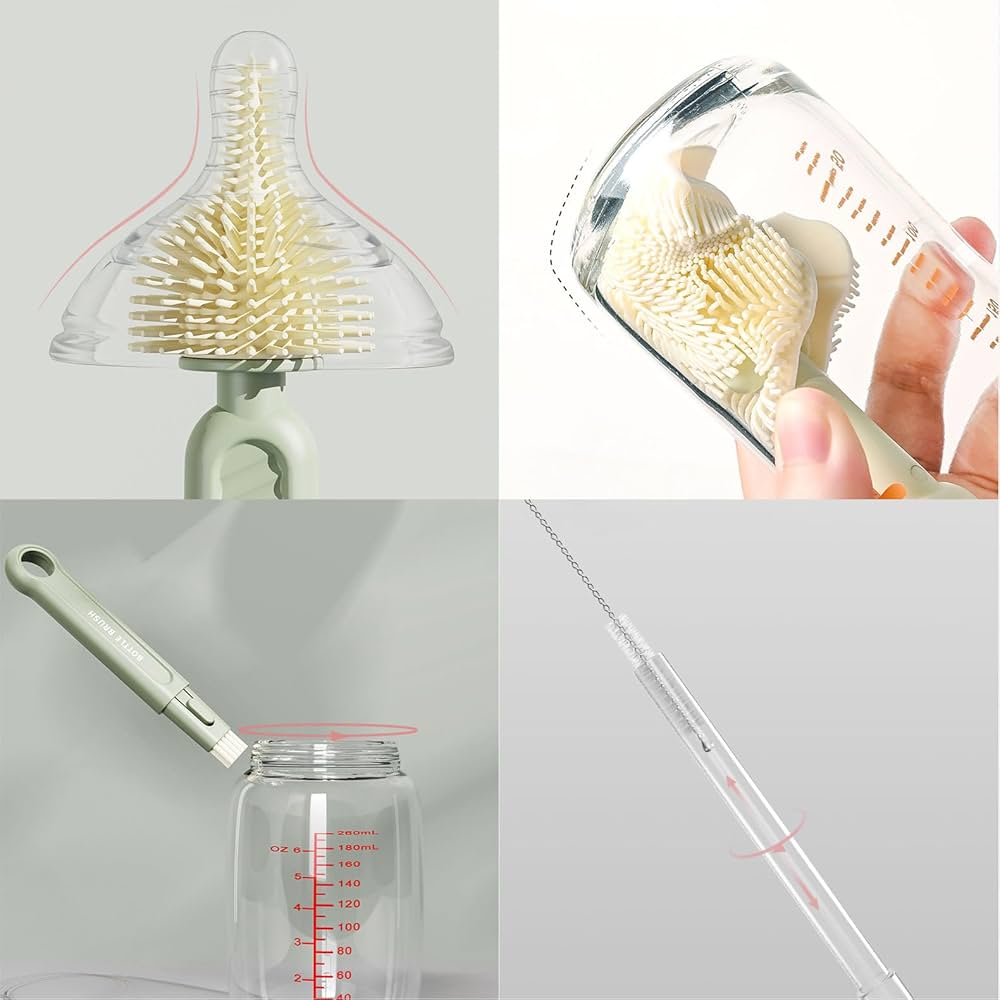 Silicone Baby Bottle Cup Brush Set with Storage Box Newborn Gift Milk Bottle Cleaning Brushes Suit Portable Detachable Cleaning 6 in 1 - Cutlery