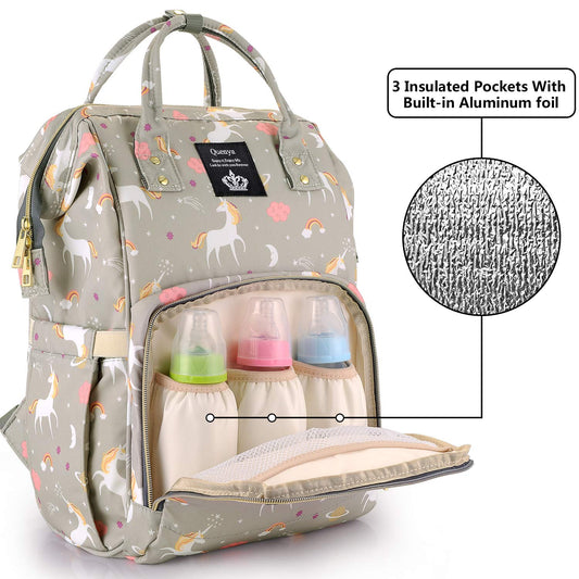 Diaper Bag Backpack Unicorn Print Grey- Diaper & Mother Bags