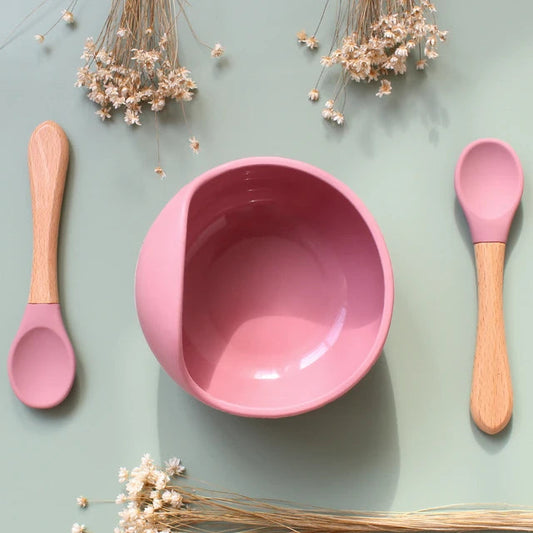 Silicone Set - Suction Bowl with Wooden Spoon & Fork - Cutlery